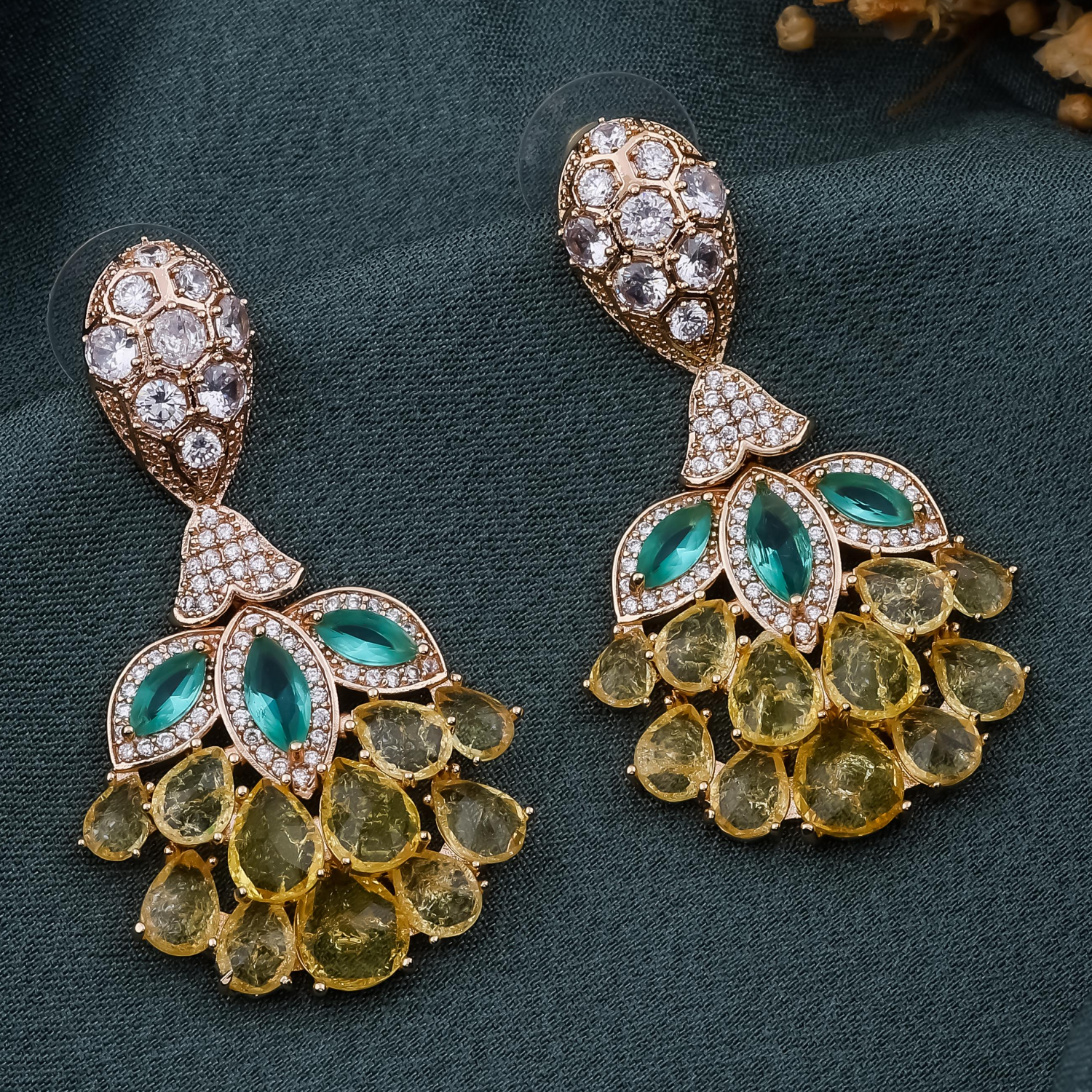 Golden Yellow & emerald Lotus Drop Jhumki Earrings