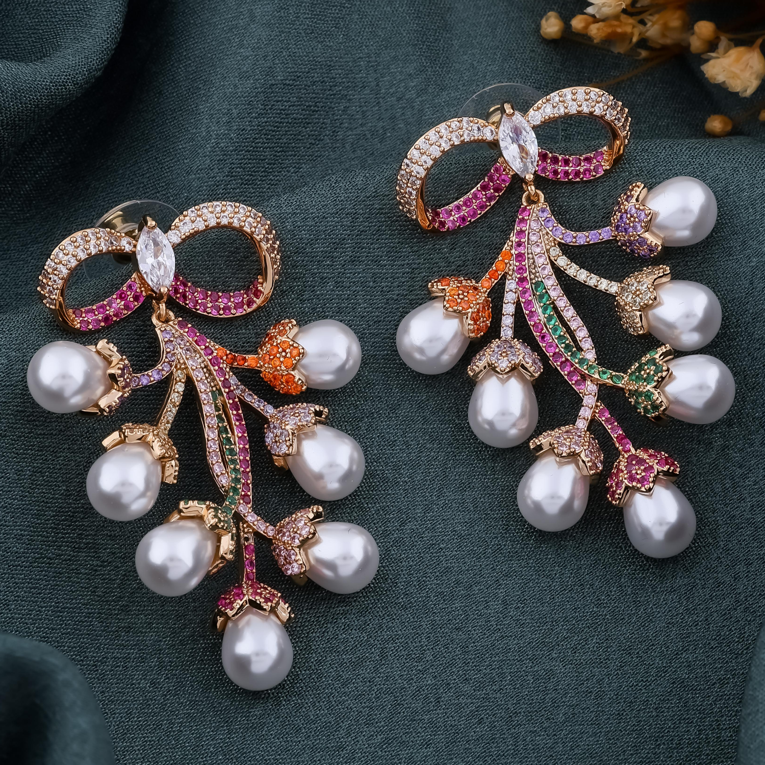 Pearl & Crystal Bow Dangle Earrings