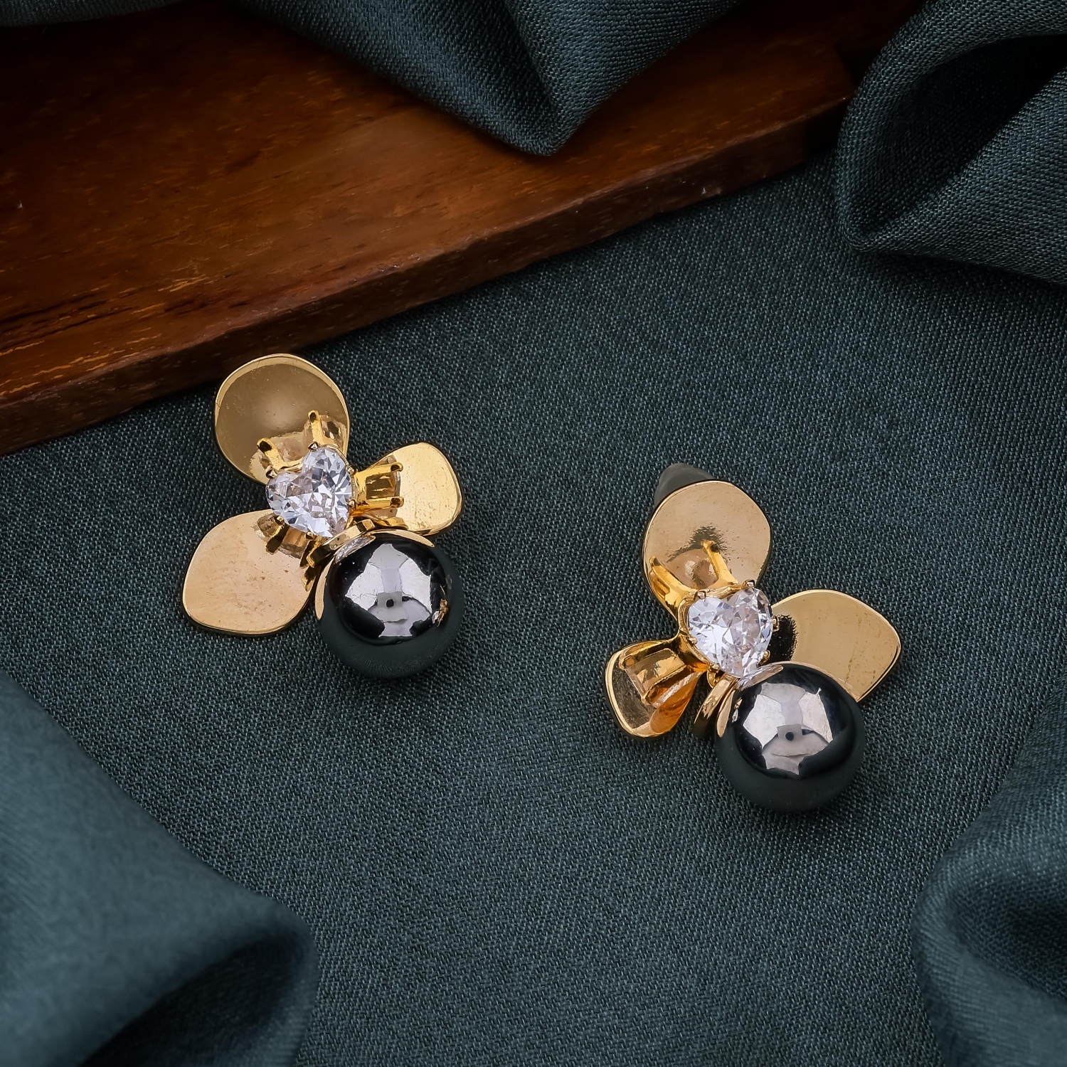 Gold & Black Pearl Floral Earrings