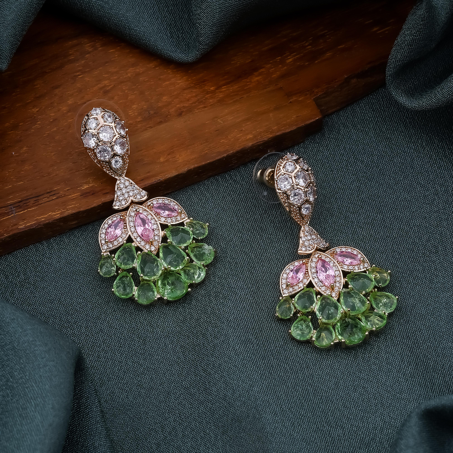 Pink & green Lotus Drop Jhumki Earrings