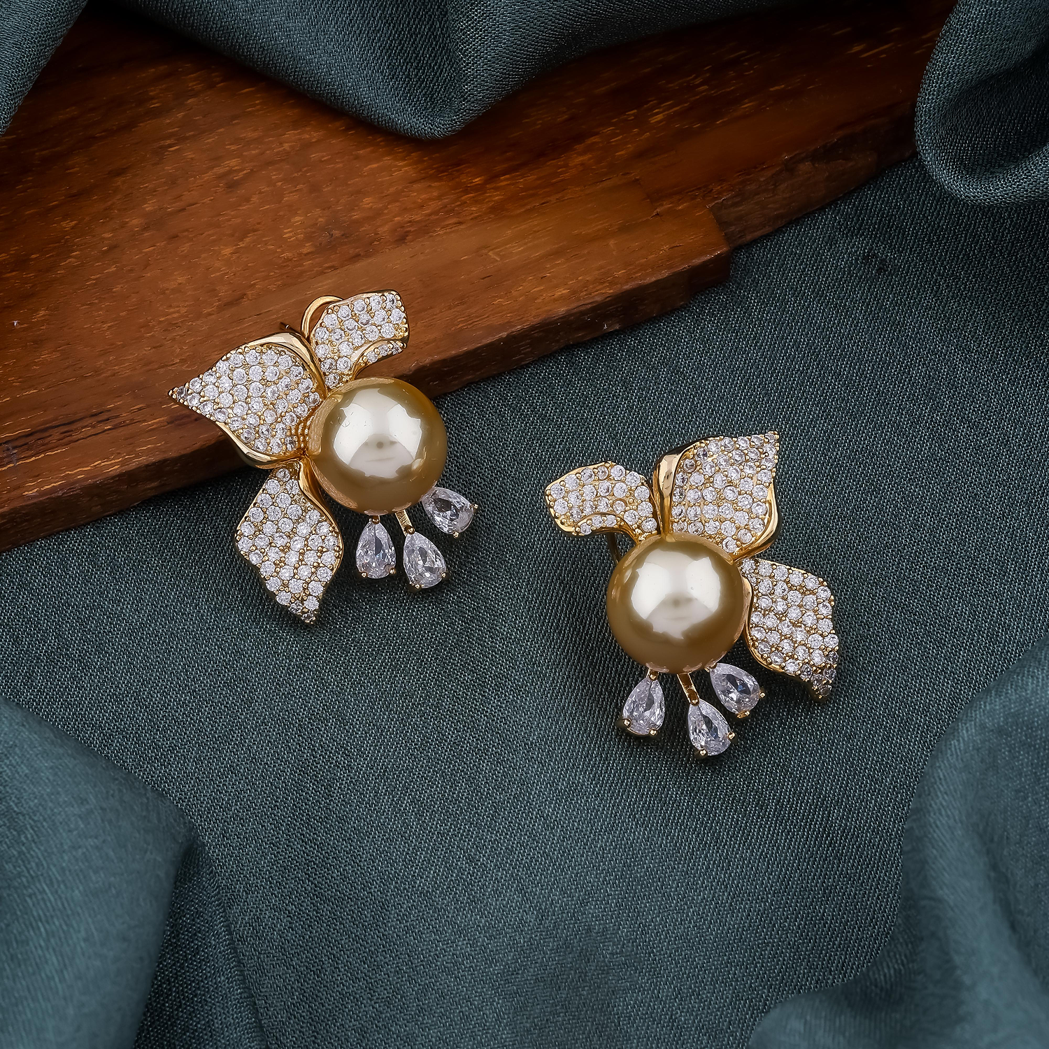 Golden Pearl & Crystal Floral Earrings