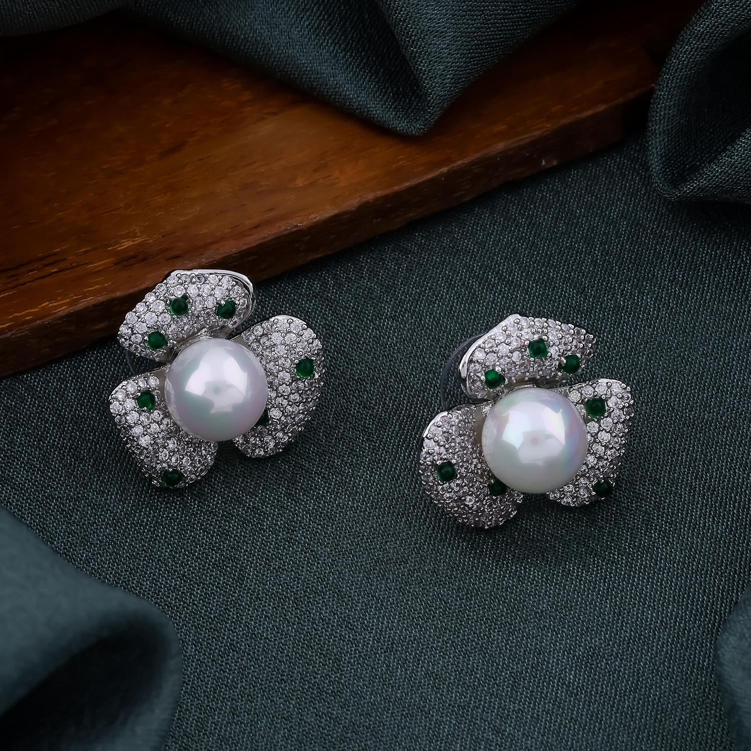 Pearl & Emerald Crystal Floral Earrings