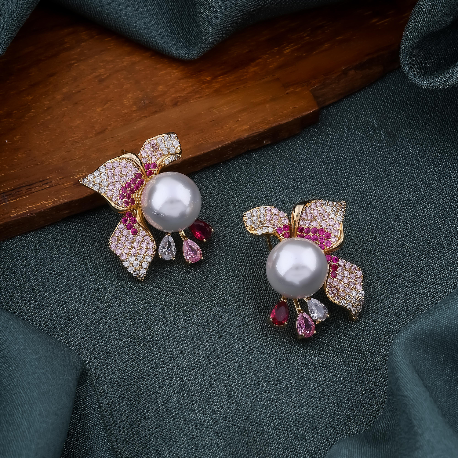 Pearl & Pink Crystal Floral Earrings