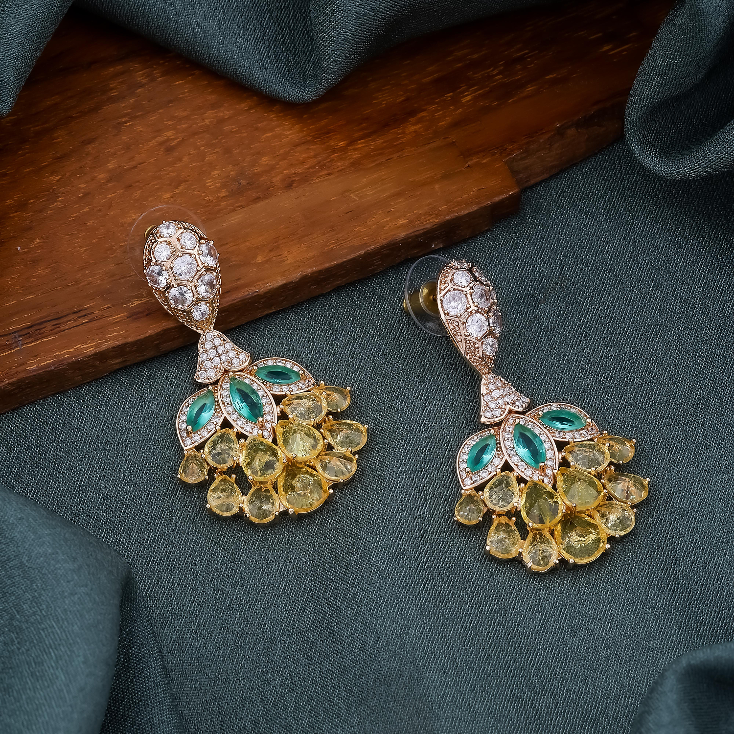 Golden Yellow & emerald Lotus Drop Jhumki Earrings