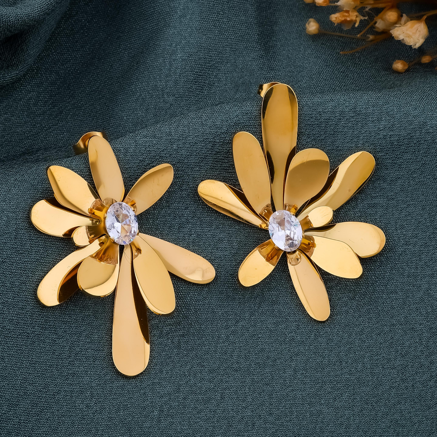 Gold Floral Crystal Earrings