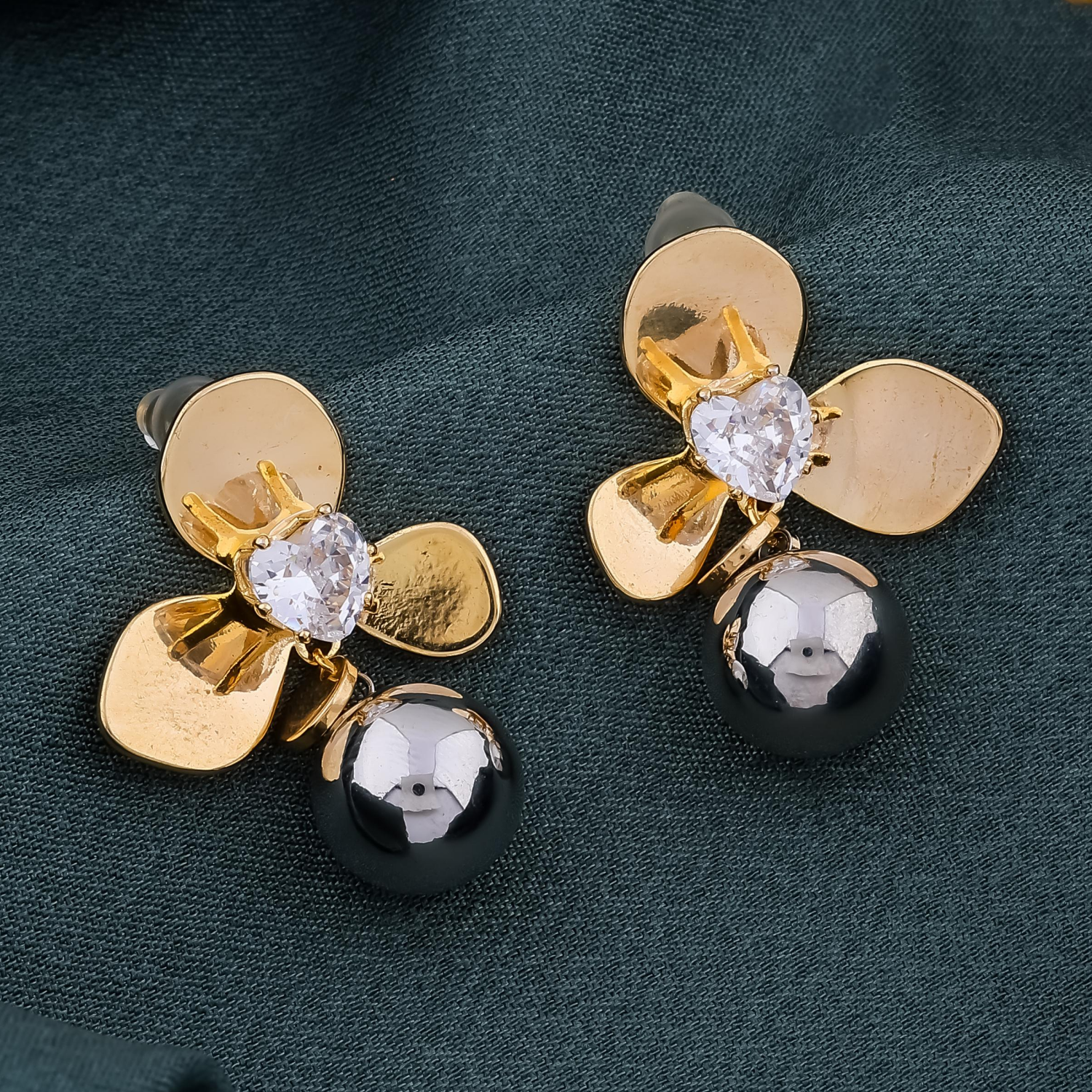 Gold & Black Pearl Floral Earrings