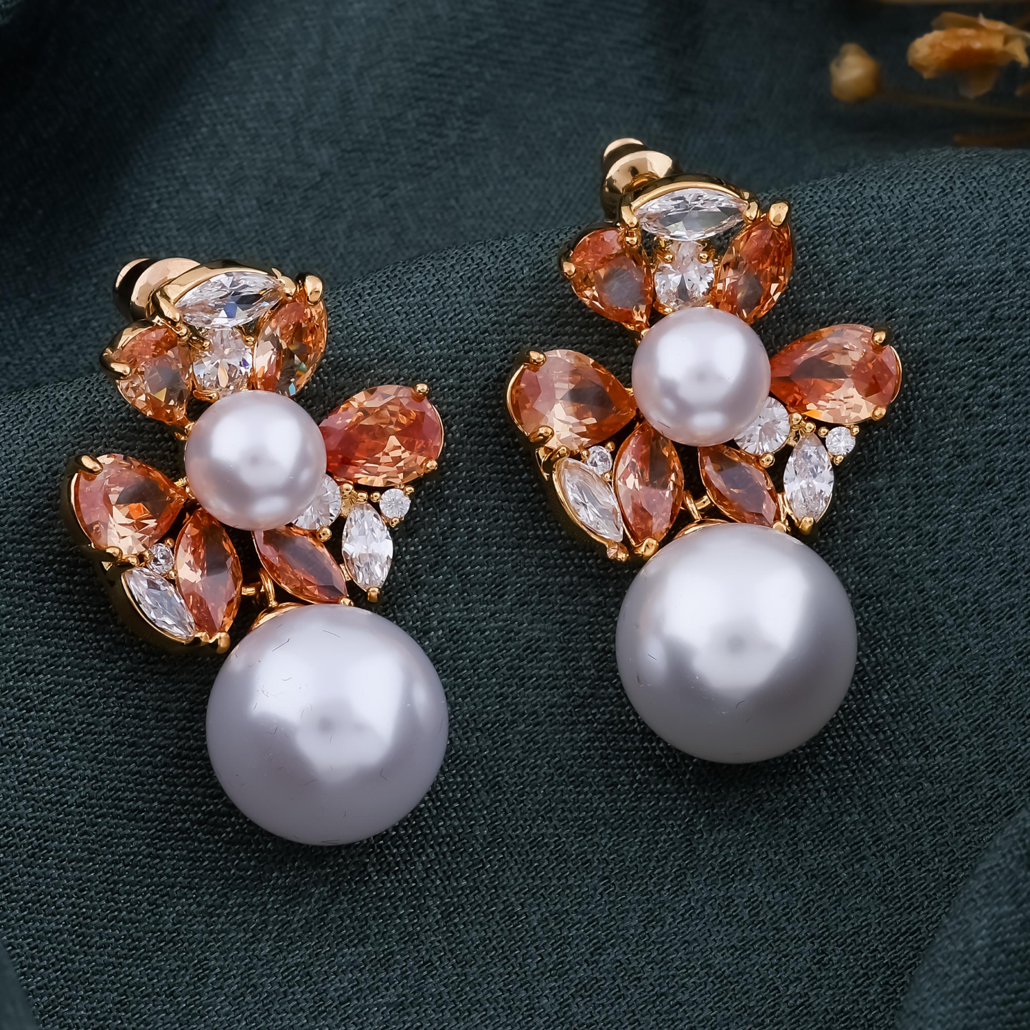 Pearl Crystal Floral Drop Earrings