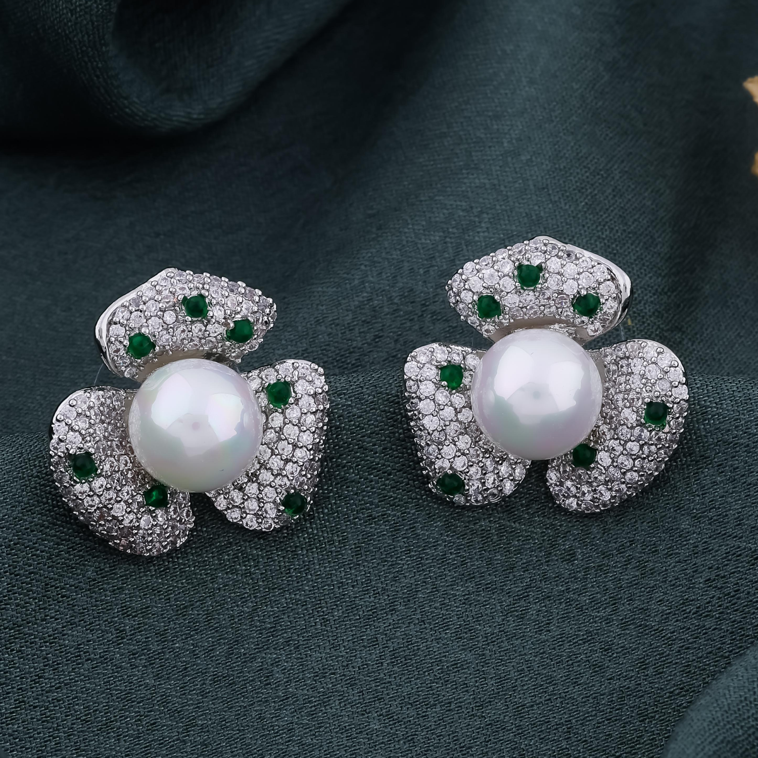 Pearl & Emerald Crystal Floral Earrings