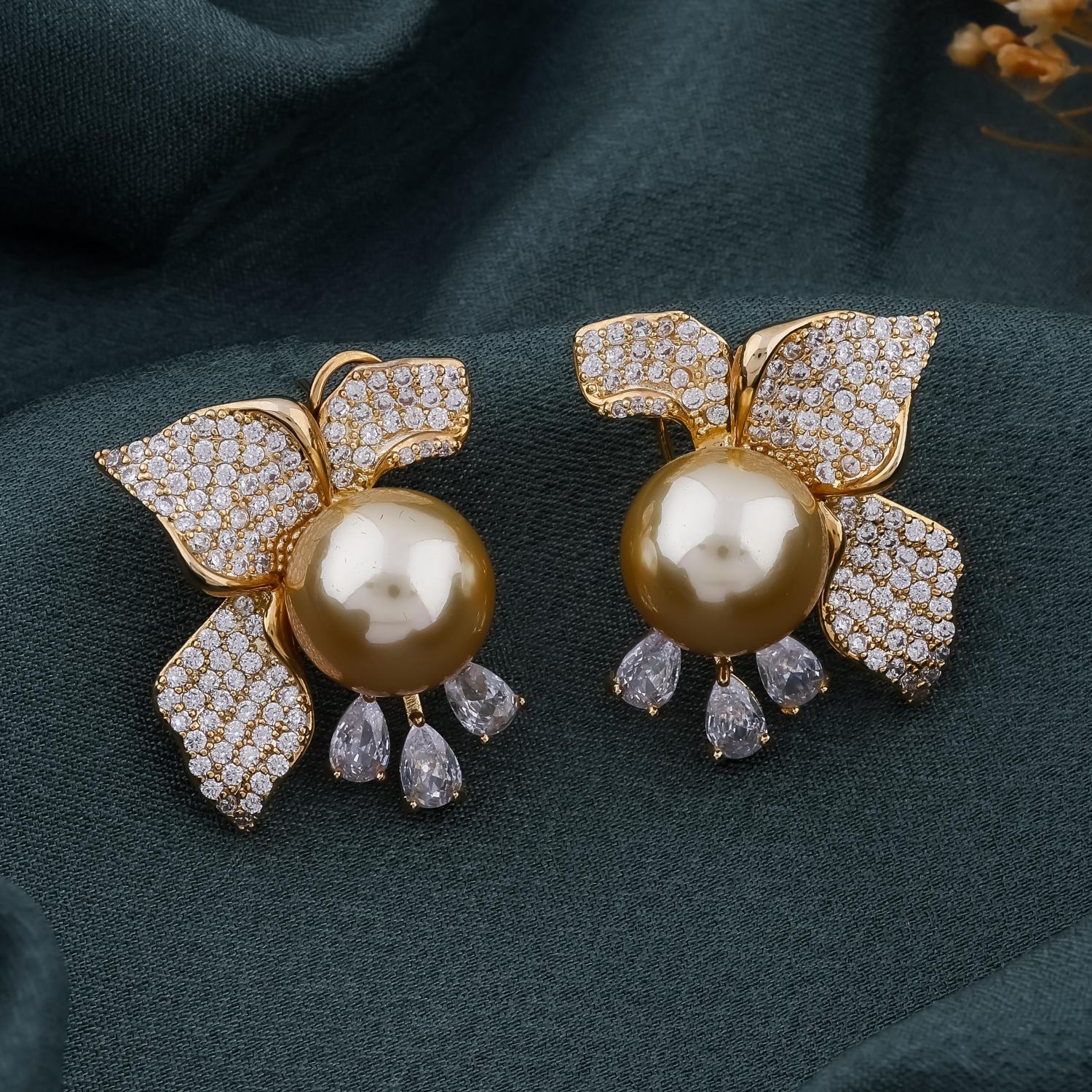 Golden Pearl & Crystal Floral Earrings