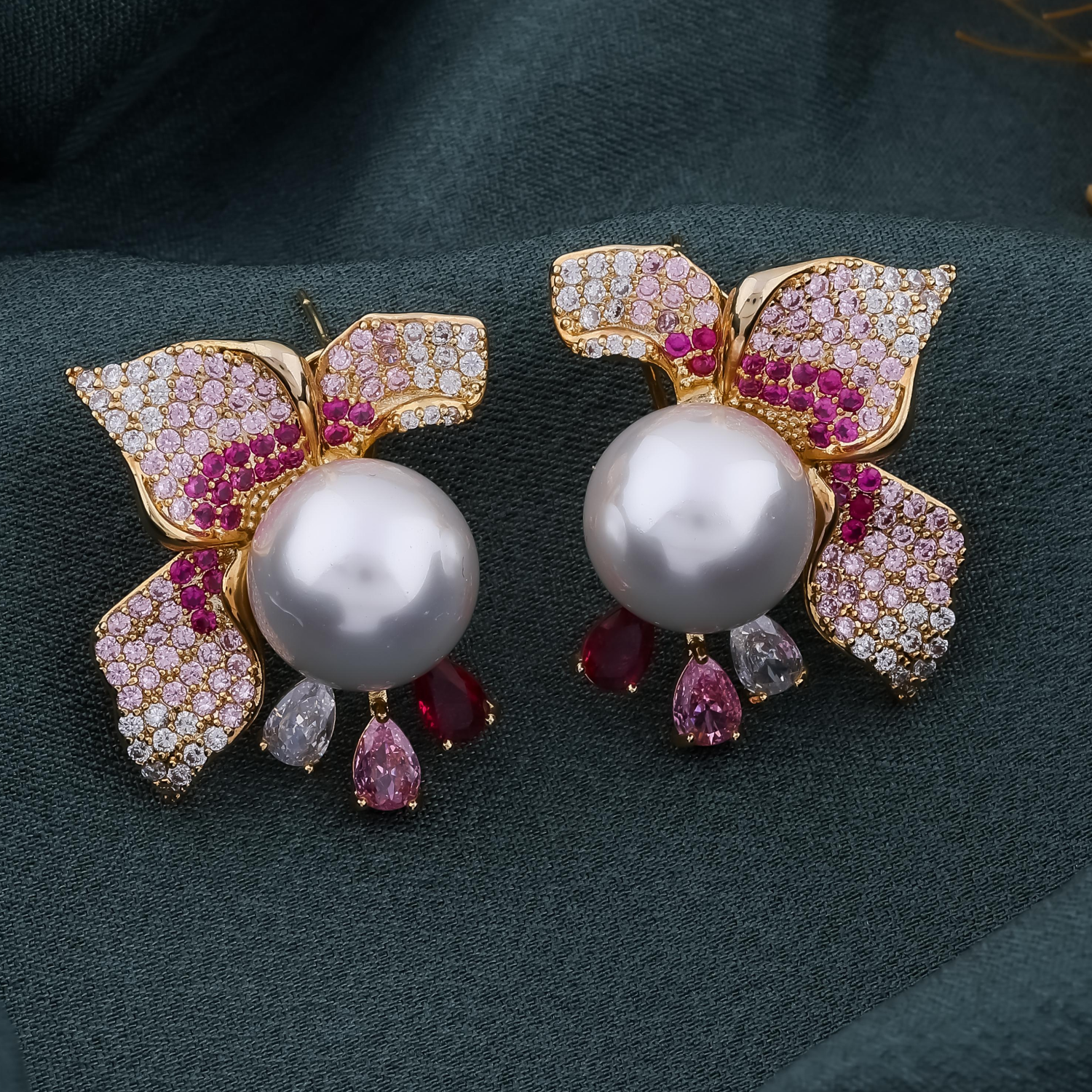 Pearl & Pink Crystal Floral Earrings