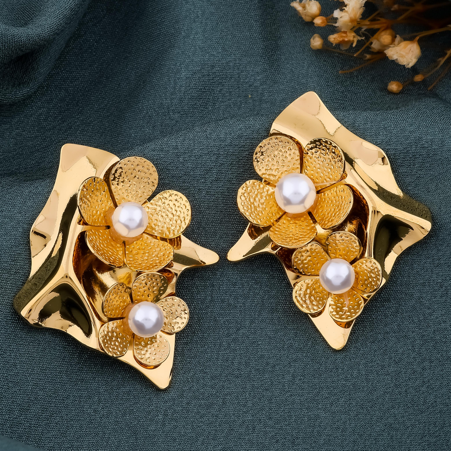 Gold Dual Floral pearl Earrings