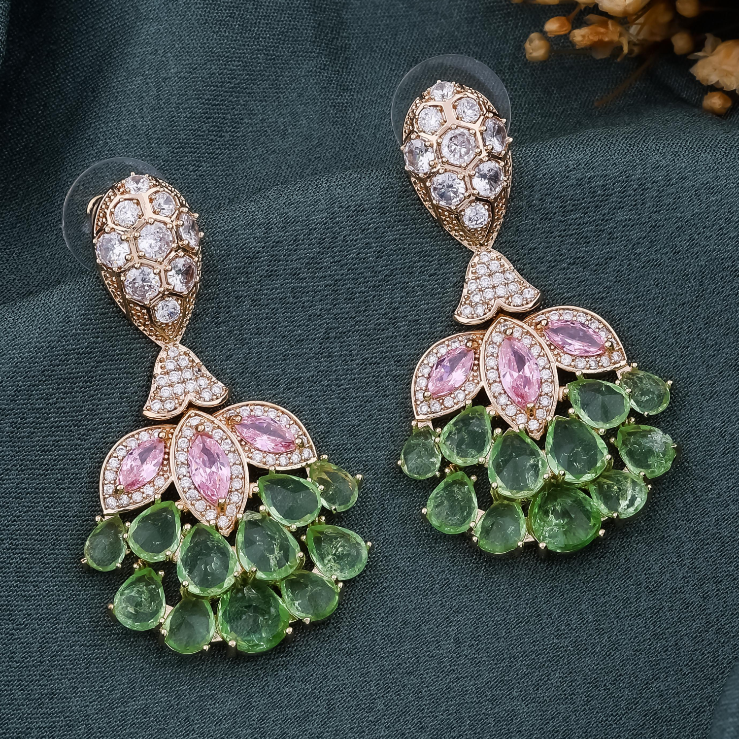 Pink & green Lotus Drop Jhumki Earrings