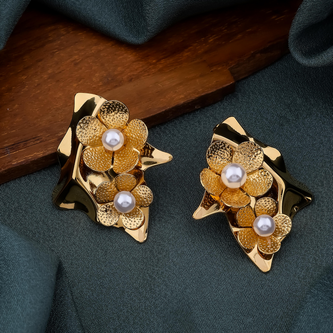 Gold Dual Floral pearl Earrings