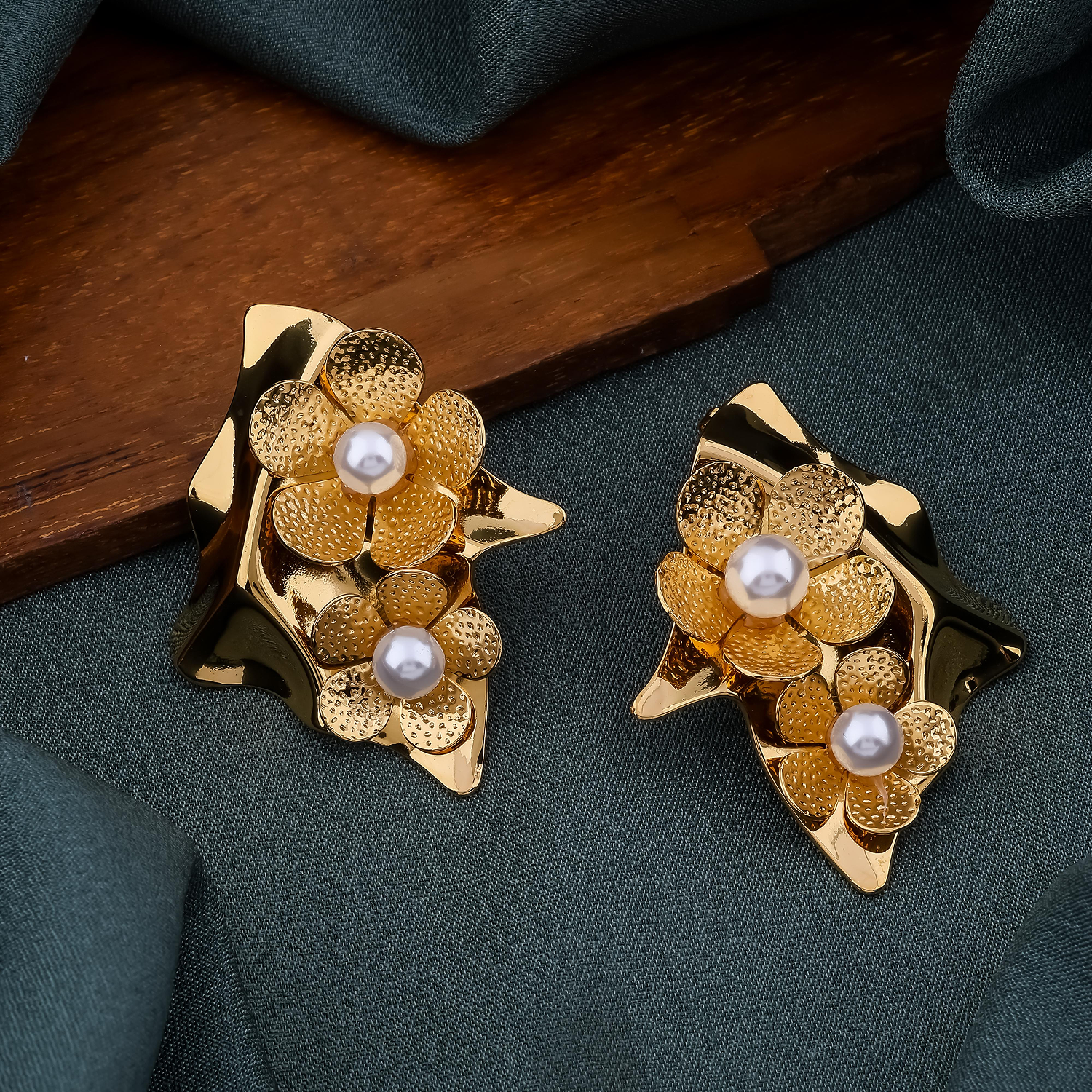 Gold Dual Floral pearl Earrings