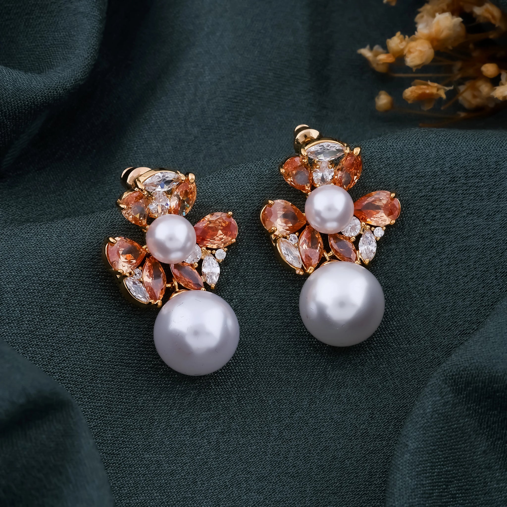 Pearl Crystal Floral Drop Earrings