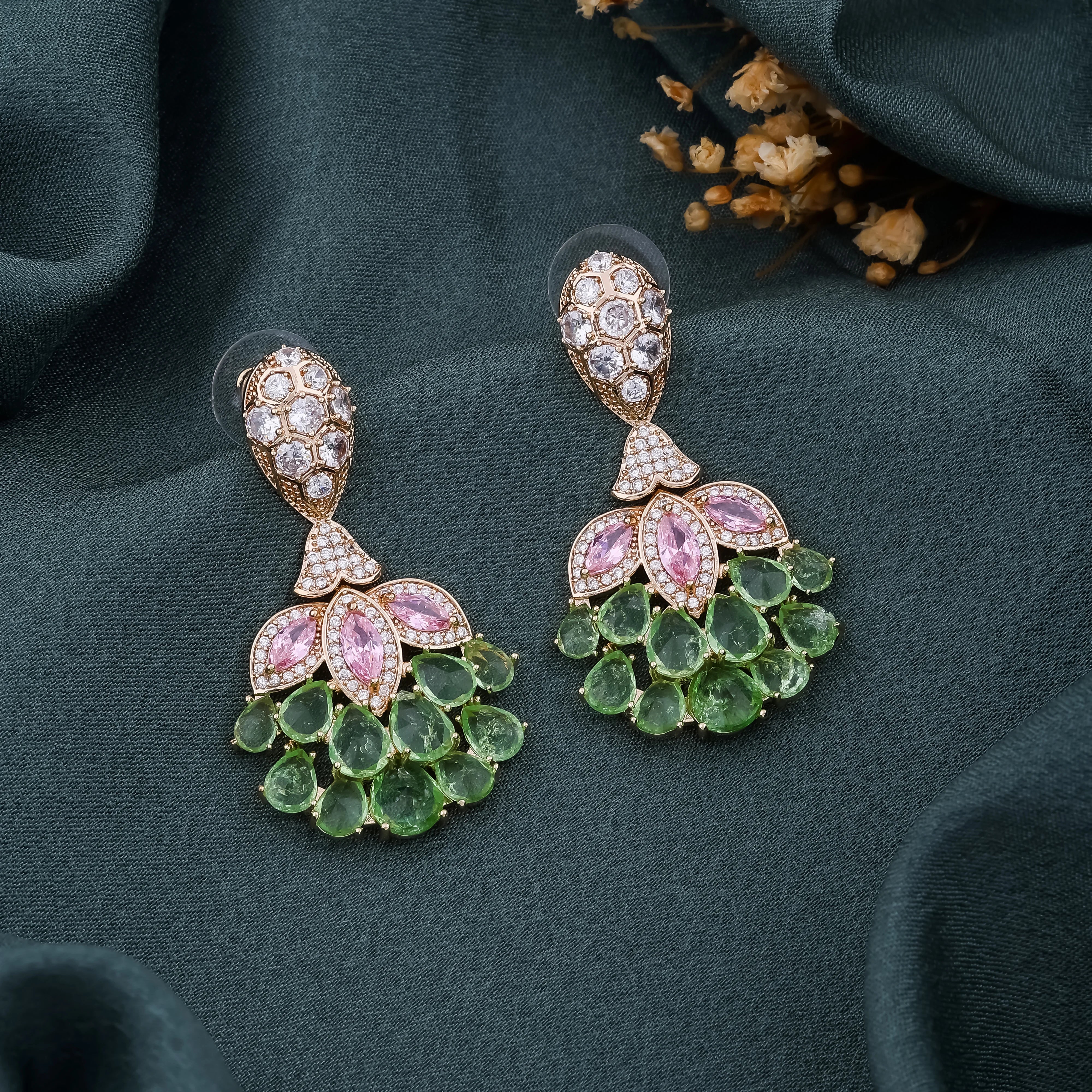 Pink & green Lotus Drop Jhumki Earrings