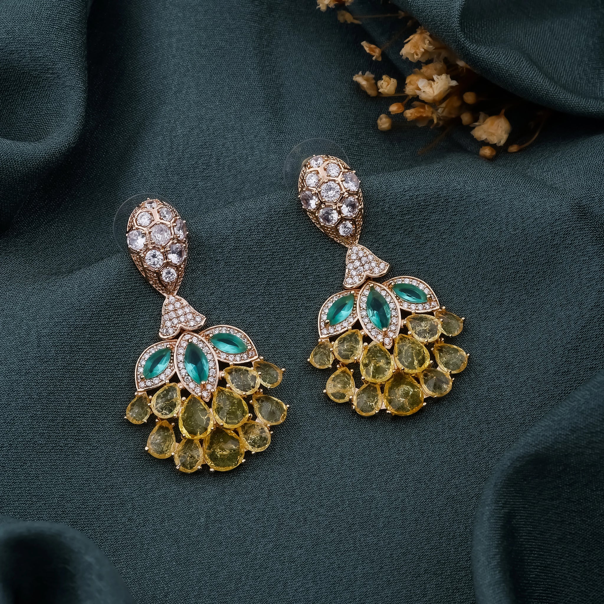 Golden Yellow & emerald Lotus Drop Jhumki Earrings