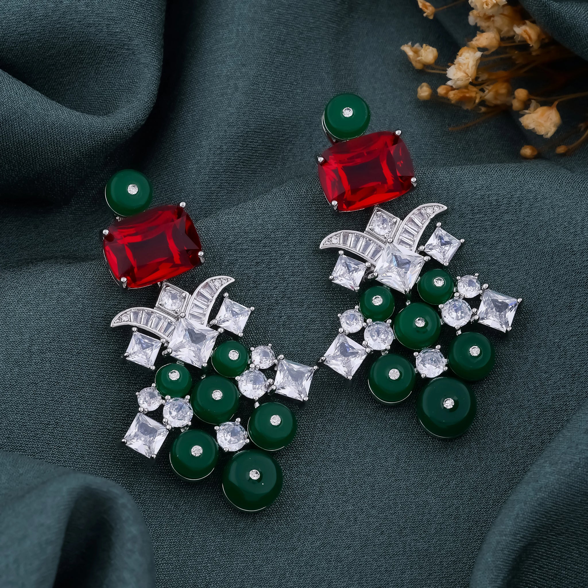 Ruby Emerald & Crystal Statement Earrings