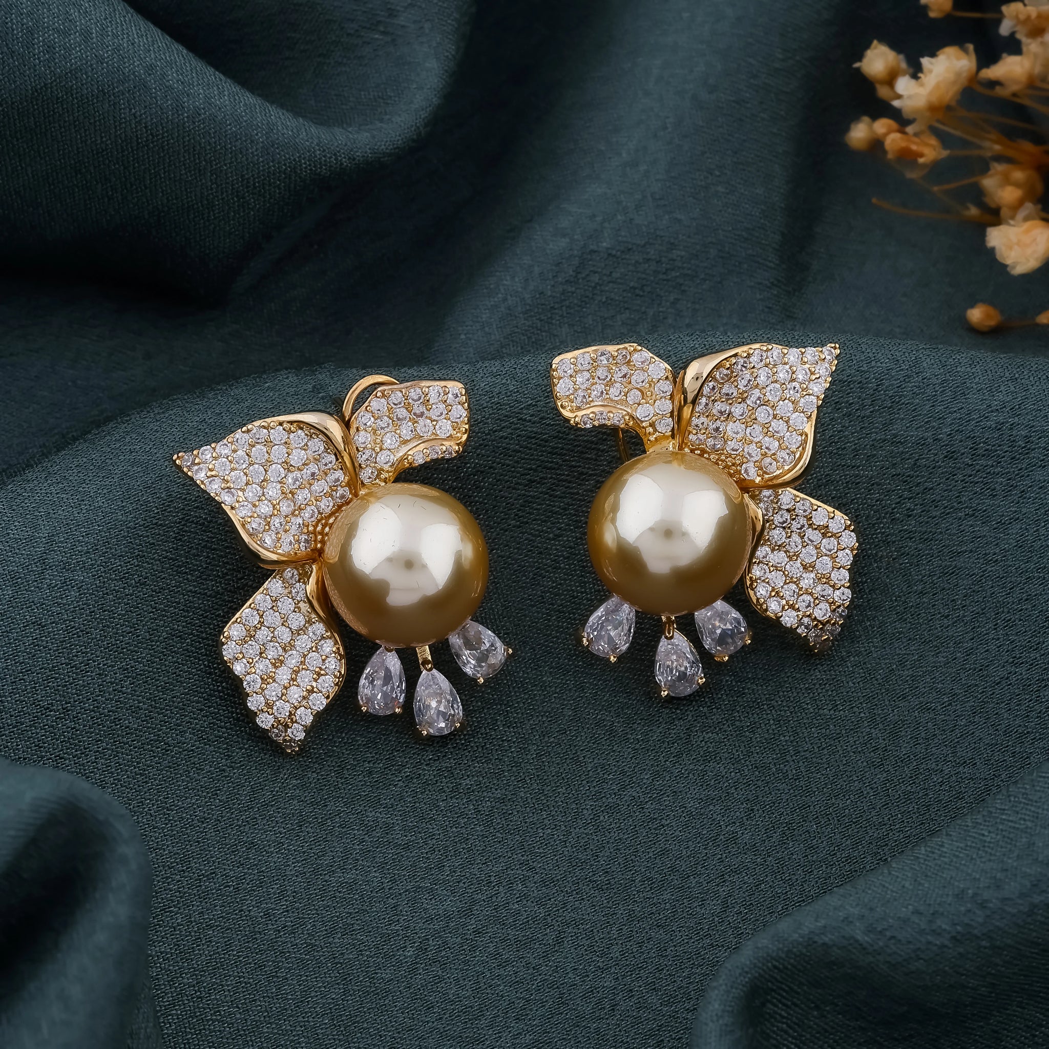 Golden Pearl & Crystal Floral Earrings