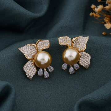 Golden Pearl & Crystal Floral Earrings