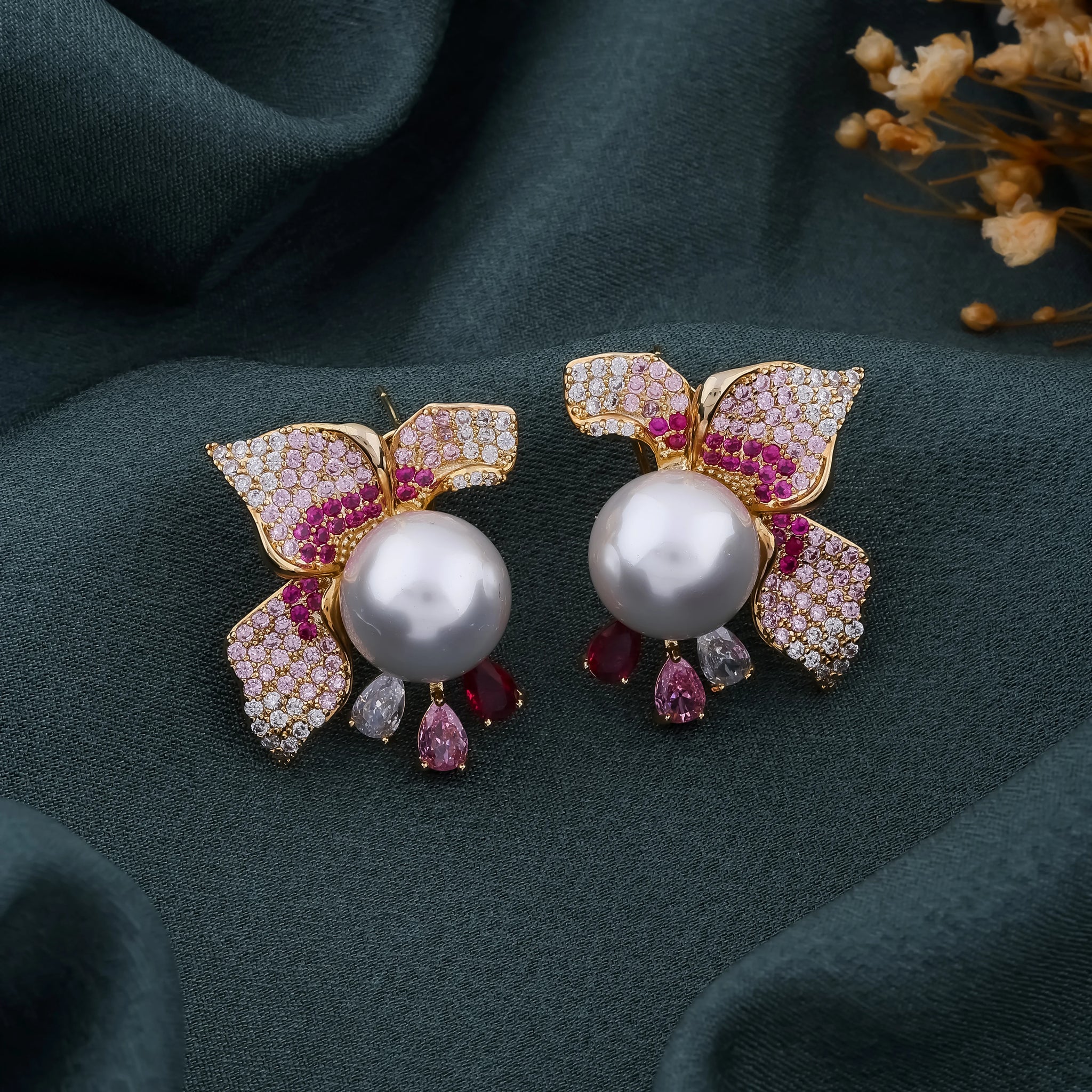 Pearl & Pink Crystal Floral Earrings