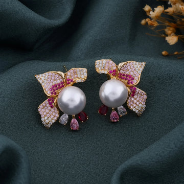 Pearl & Pink Crystal Floral Earrings