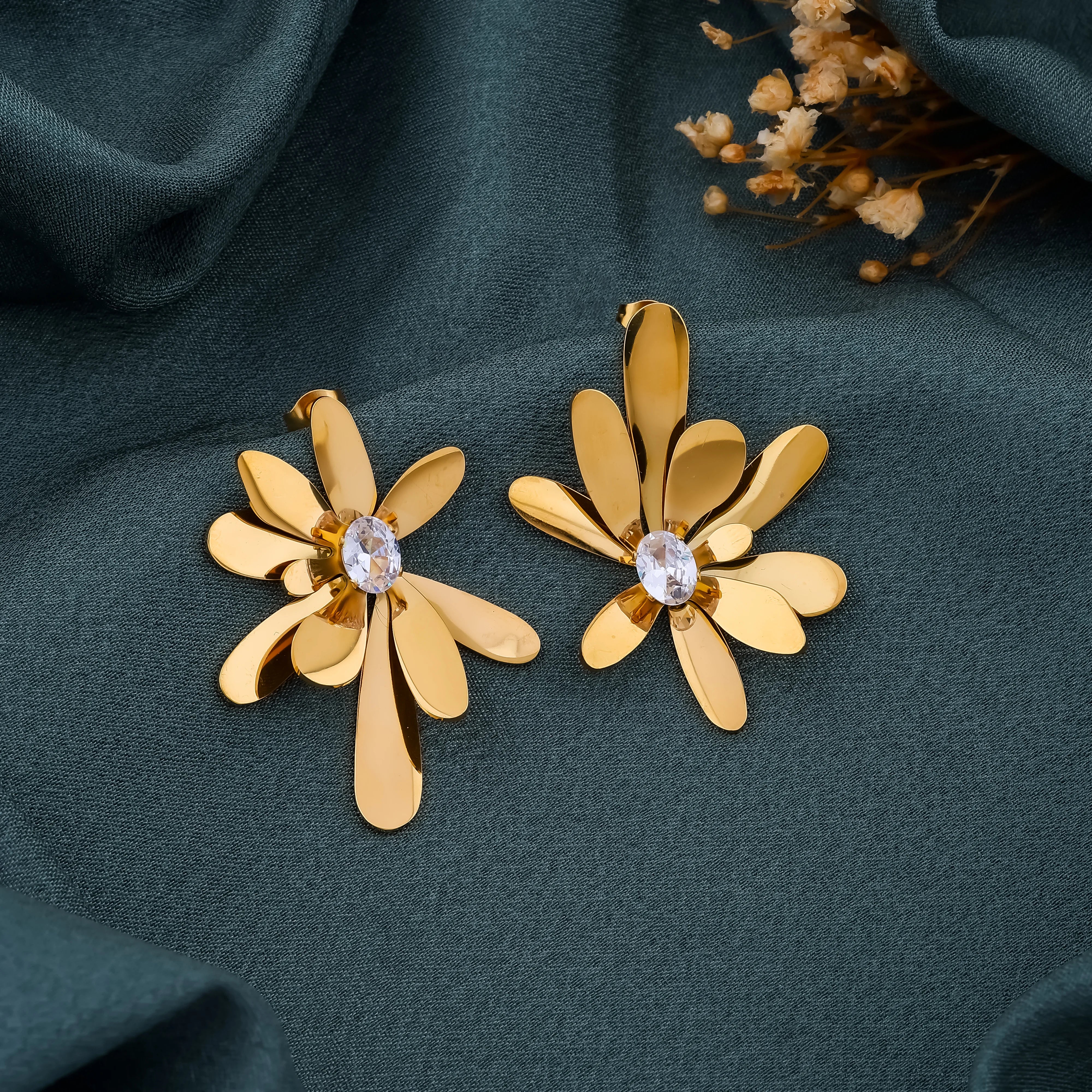 Gold Floral Crystal Earrings