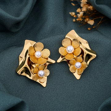 Gold Dual Floral pearl Earrings