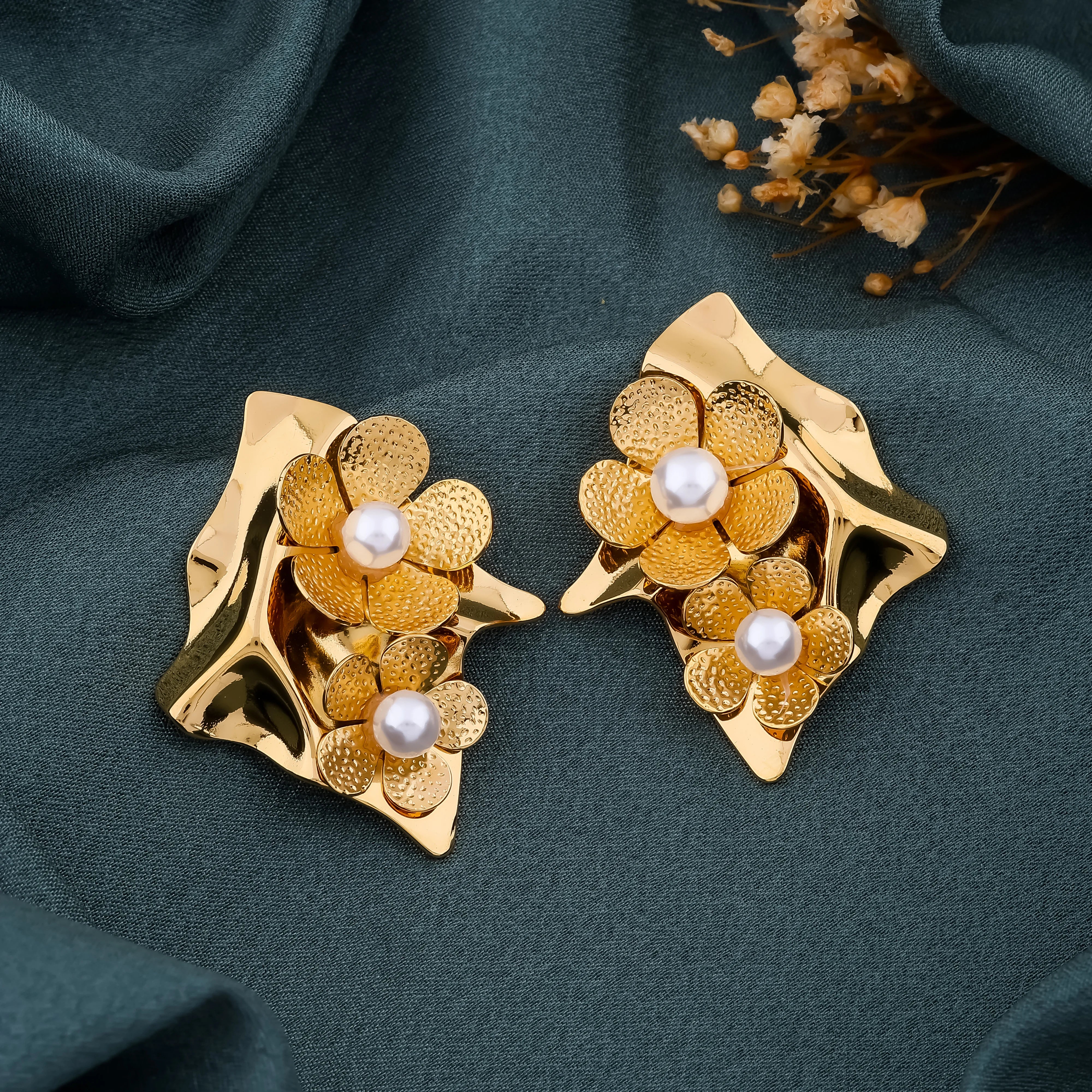 Gold Dual Floral pearl Earrings