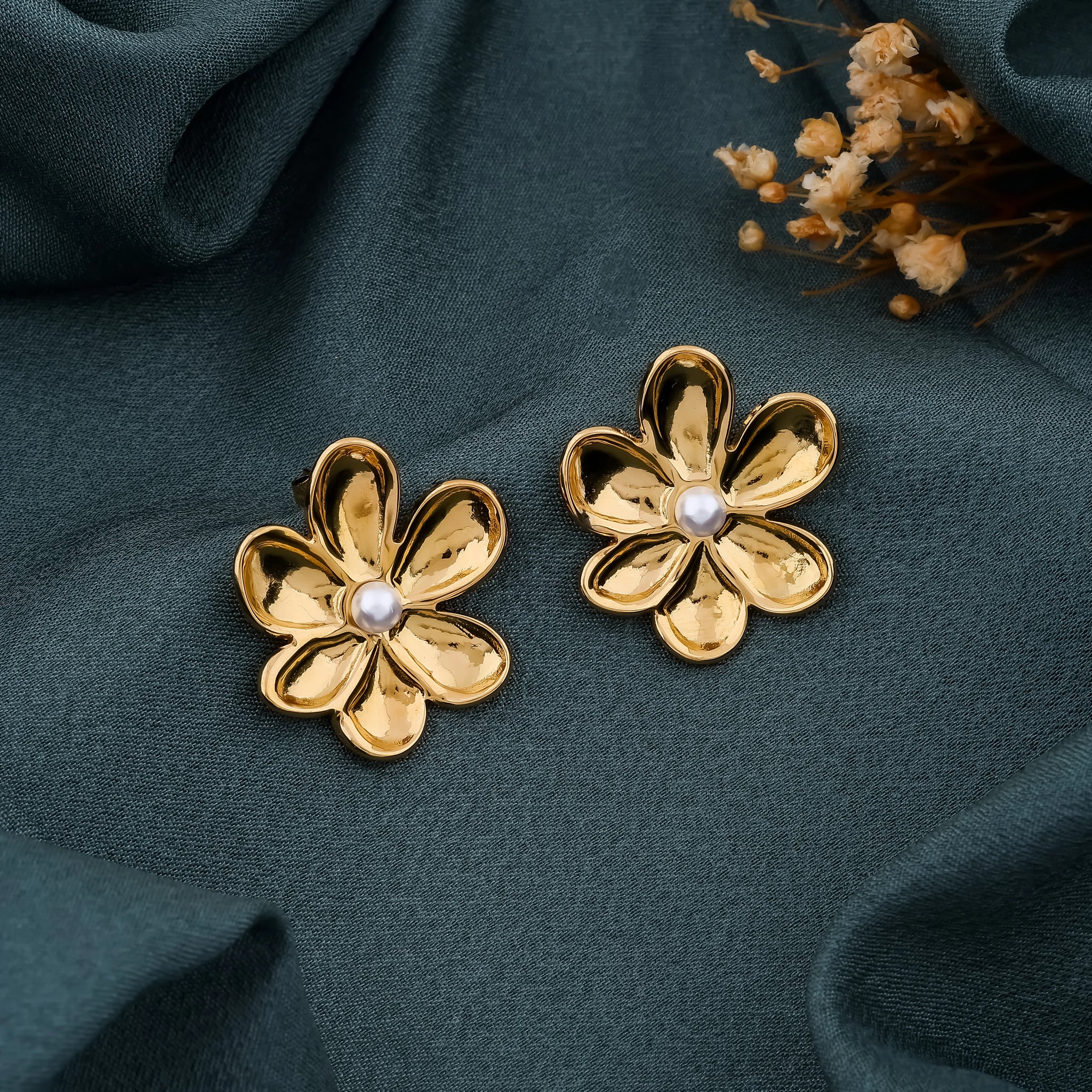 Gold Floral Pearl Earrings