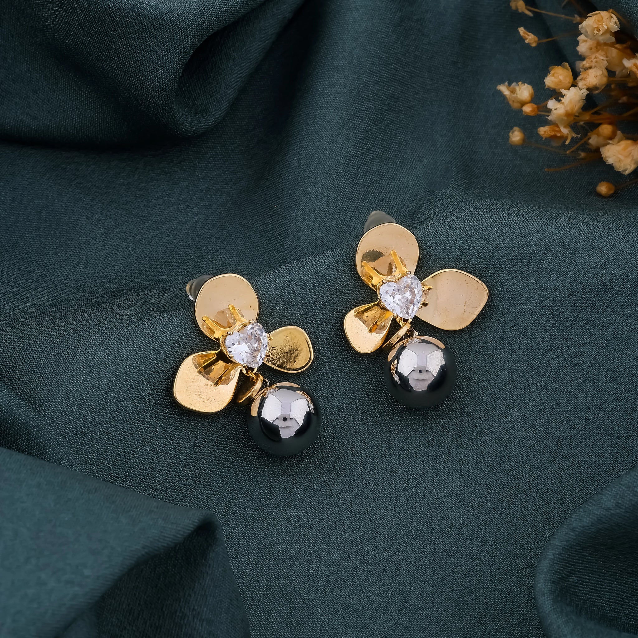 Gold & Black Pearl Floral Earrings