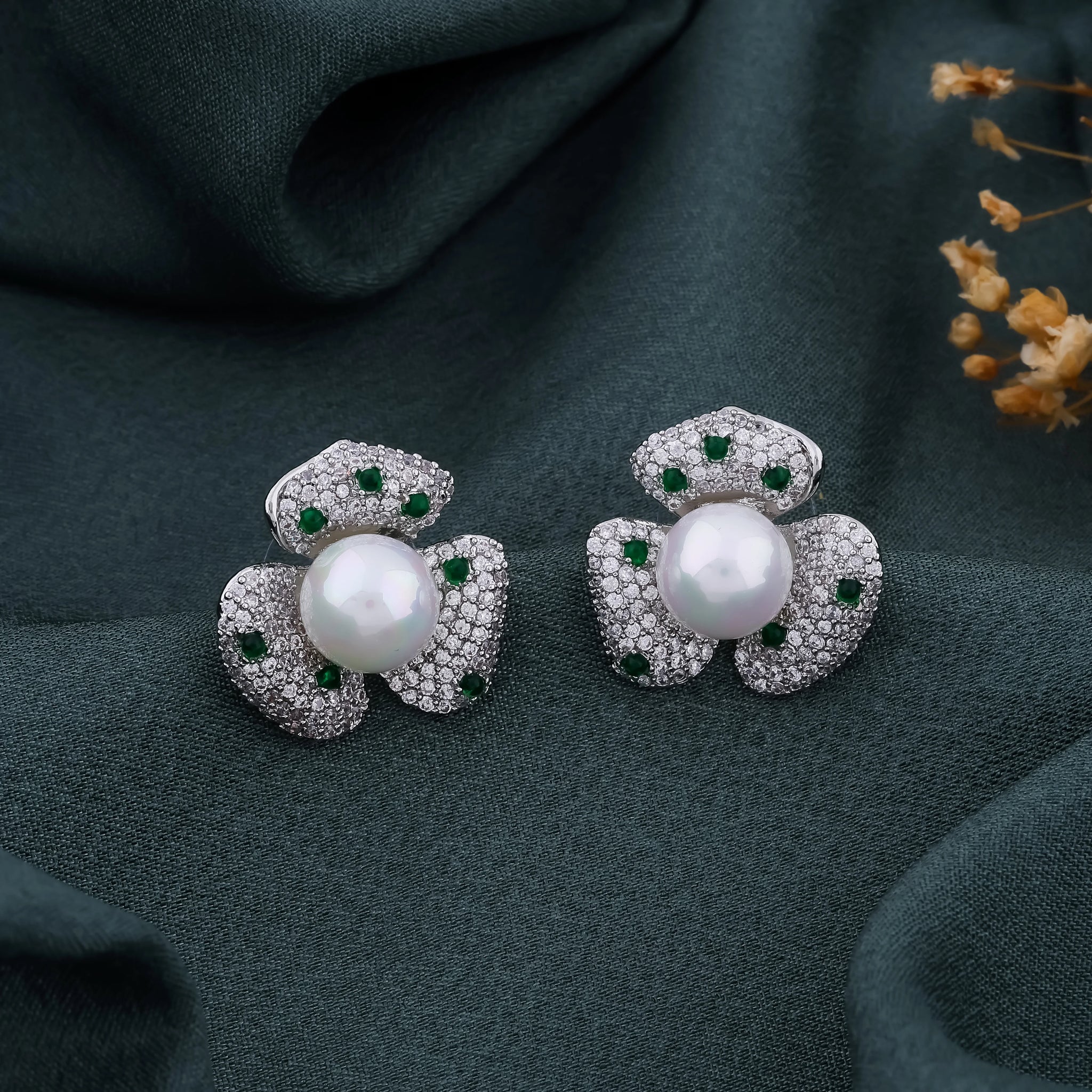 Pearl & Emerald Crystal Floral Earrings
